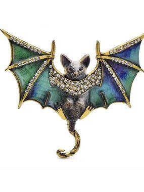 Gothic Bat Green Brooch Gold Accents